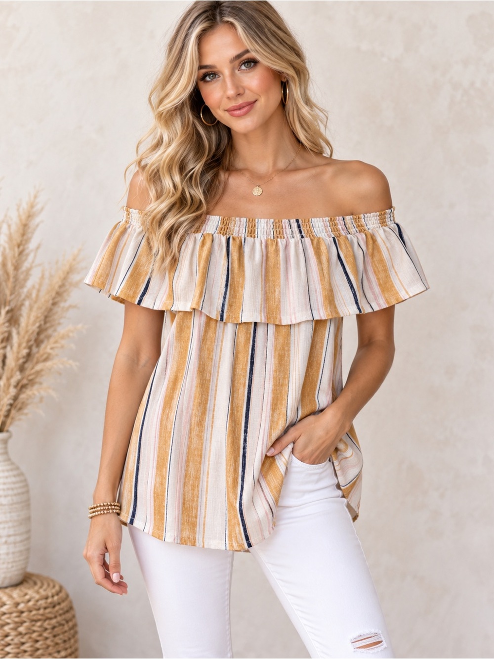 LC Lauren Conrad Off-The-Shoulder Striped Ruffle Blouse
